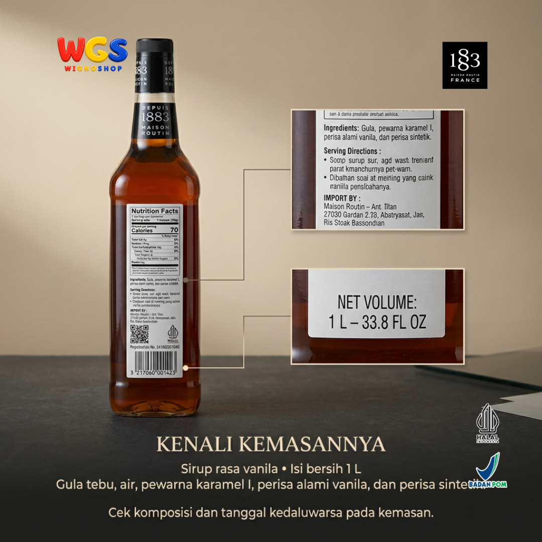 1883 Maison Routin Vanilla Syrup 1L - Sirup Vanila Prancis untuk Kopi Latte, Susu dan Dessert