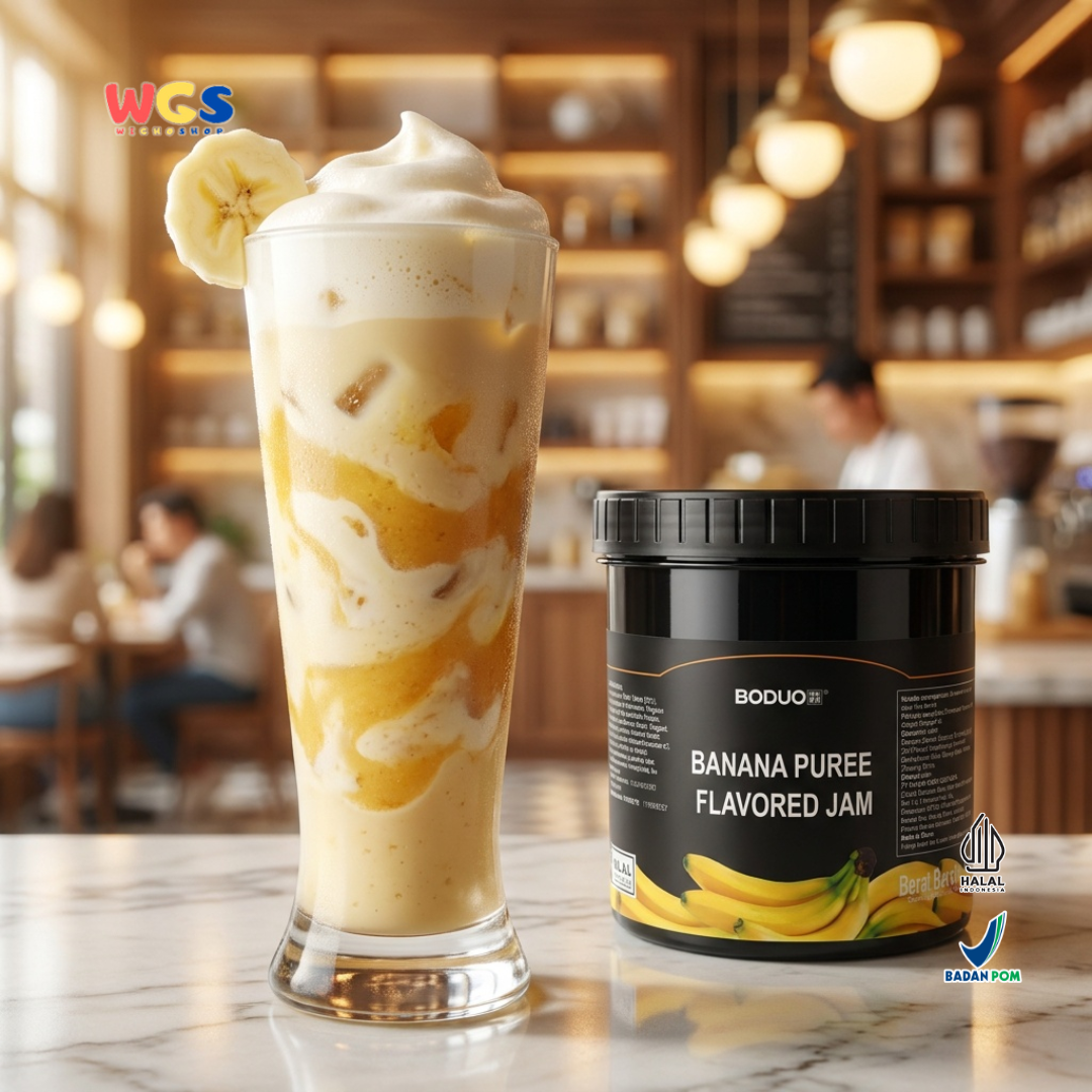 BODUO Banana Puree Flavored Jam 1.3 kg - Halal and BPOM Certified for Trendy Drinks and Desserts