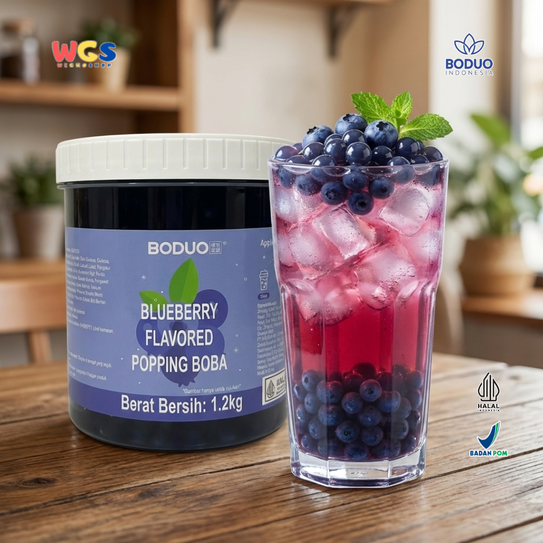 BODUO Blueberry Flavored Popping Boba 1.2kg – Topping Minuman & Dessert Rasa Blueberry
