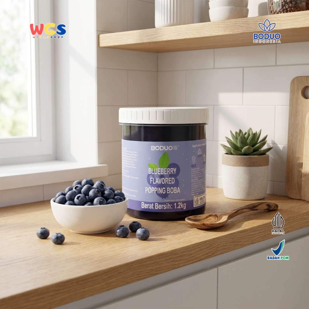 BODUO Blueberry Flavored Popping Boba 1.2kg – Topping Minuman & Dessert Rasa Blueberry