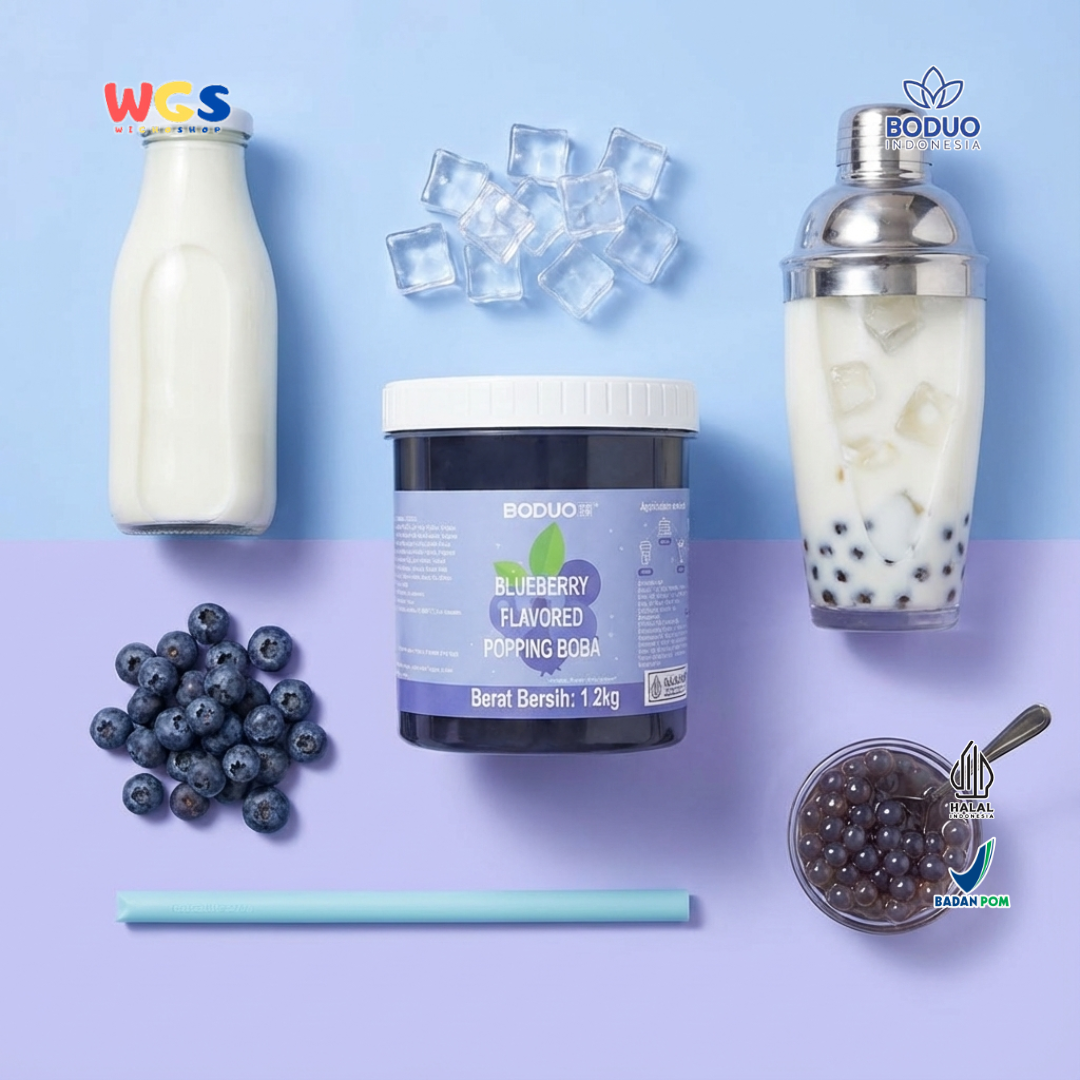 BODUO Blueberry Flavored Popping Boba 1.2kg – Topping Minuman & Dessert Rasa Blueberry