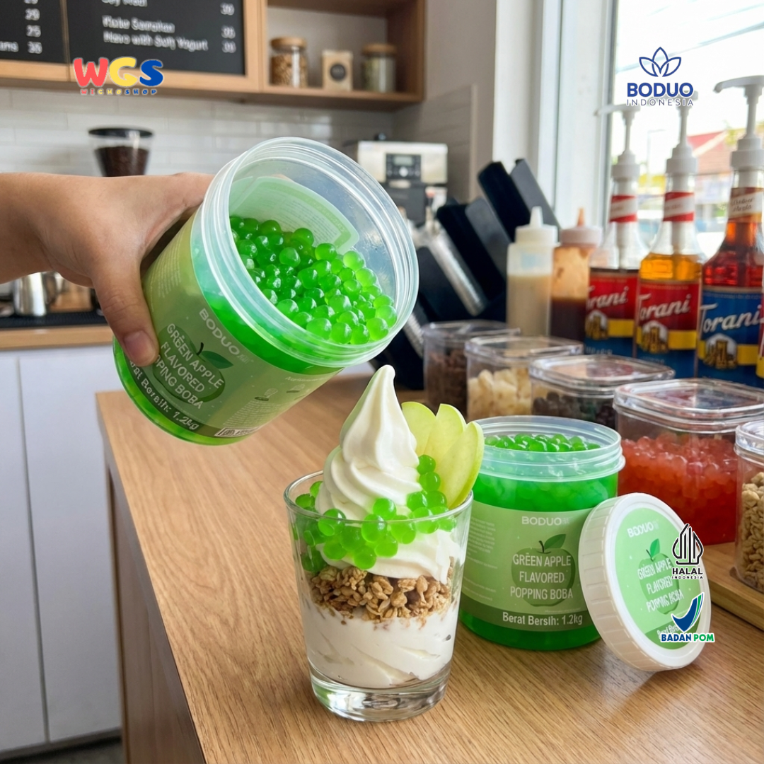 BODUO Green Apple Flavored Popping Boba 1.2kg – Topping Minuman Rasa Apel