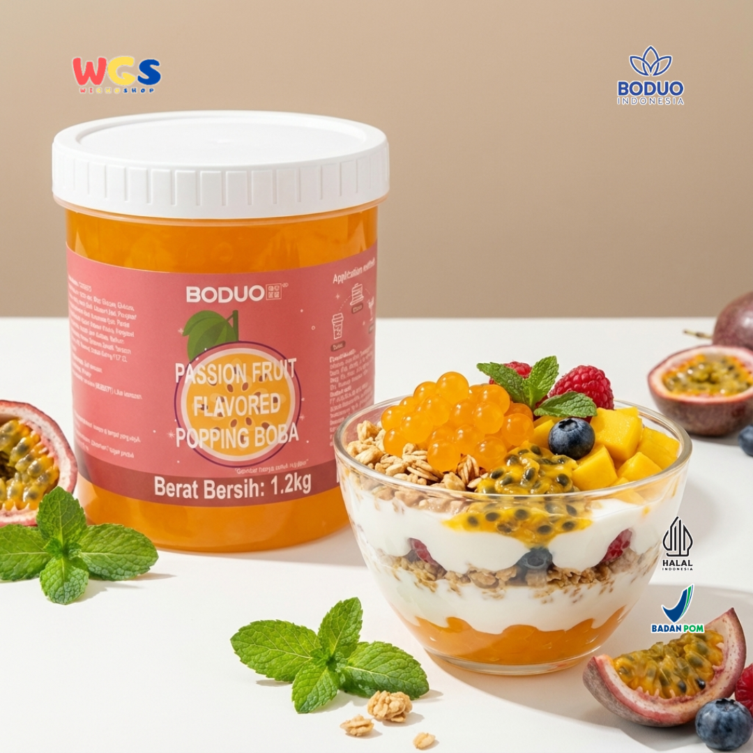 BODUO Passion Fruit Flavored Popping Boba 1.2kg – Topping Minuman dan Dessert Premium
