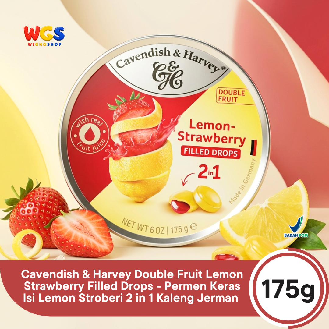 Cavendish & Harvey Double Fruit Lemon Strawberry Filled Drops 175g - Permen Keras Isi Lemon Stroberi 2 in 1 Kaleng Jerman