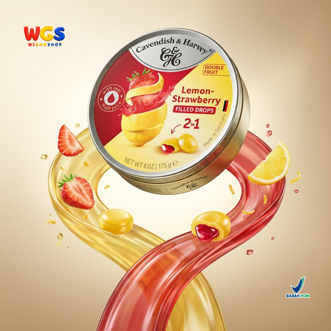 Cavendish & Harvey Double Fruit Lemon Strawberry Filled Drops 175g - Permen Keras Isi Lemon Stroberi 2 in 1 Kaleng Jerman