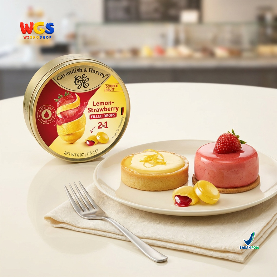 Cavendish & Harvey Double Fruit Lemon Strawberry Filled Drops 175g - Permen Keras Isi Lemon Stroberi 2 in 1 Kaleng Jerman
