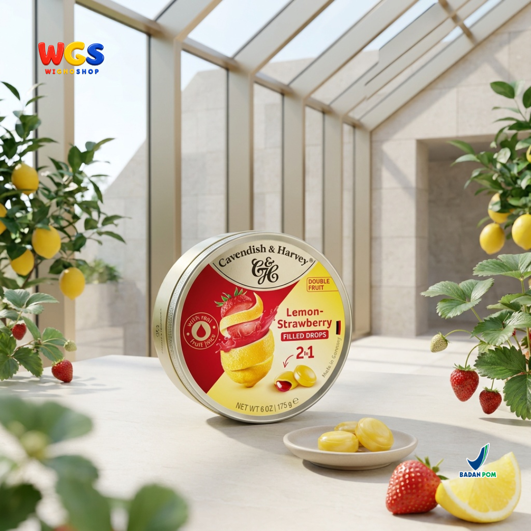 Cavendish & Harvey Double Fruit Lemon Strawberry Filled Drops 175g - Permen Keras Isi Lemon Stroberi 2 in 1 Kaleng Jerman
