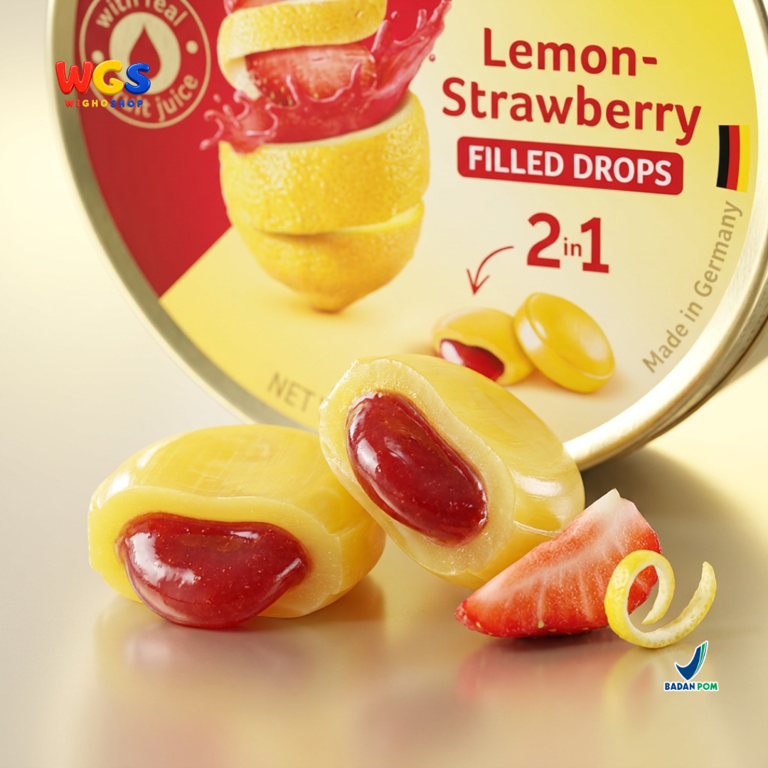 Cavendish & Harvey Double Fruit Lemon Strawberry Filled Drops 175g - Permen Keras Isi Lemon Stroberi 2 in 1 Kaleng Jerman