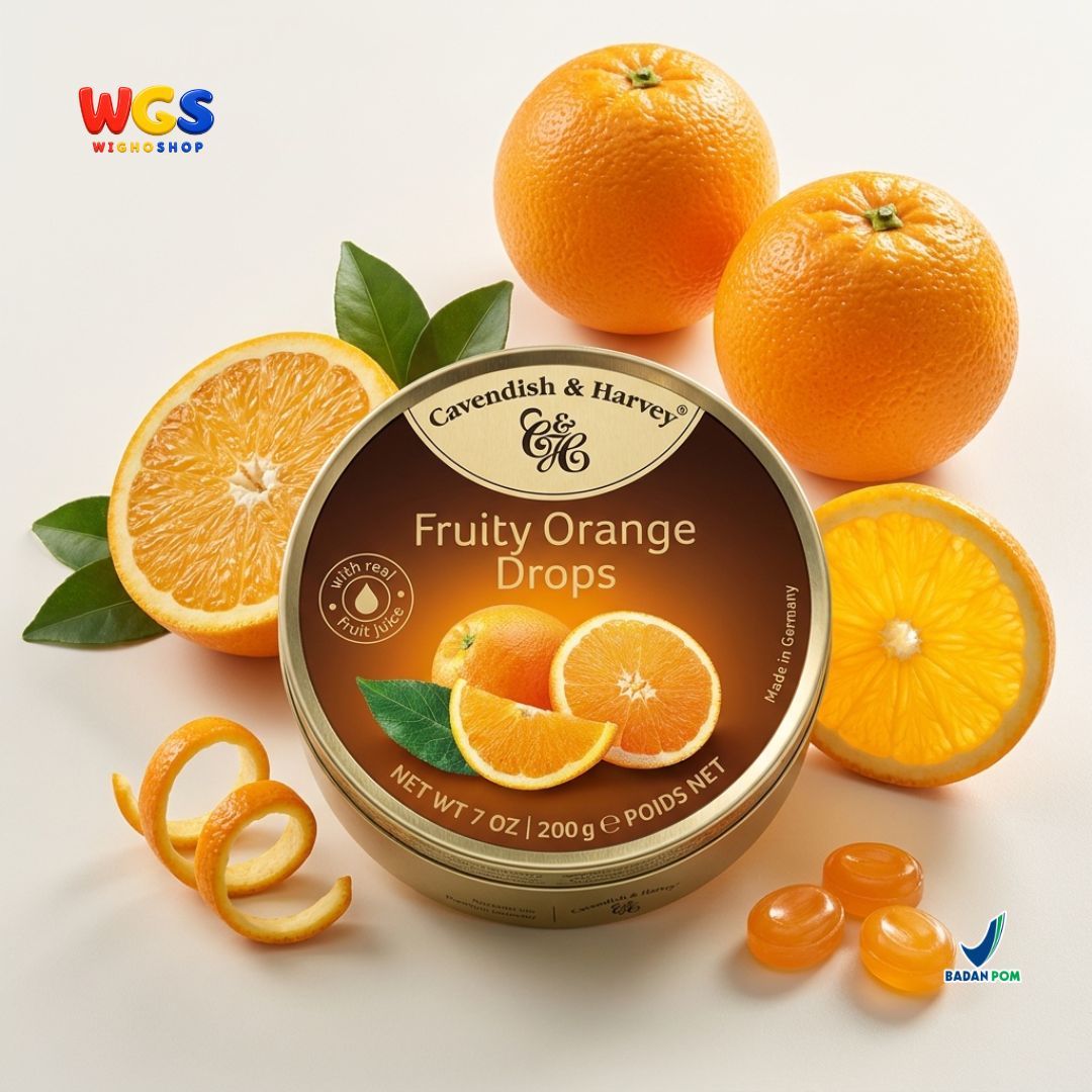 Cavendish & Harvey Fruity Orange Drops 200g - Permen Keras Rasa Jeruk Sari Buah Asli Kaleng Jerman Candy
