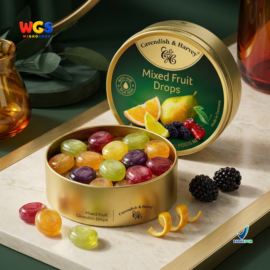 Cavendish & Harvey Mixed Fruit Drops 200g - Permen Keras Aneka Rasa Jeruk Lemon Ceri Pir Blackberry Kaleng Jerman
