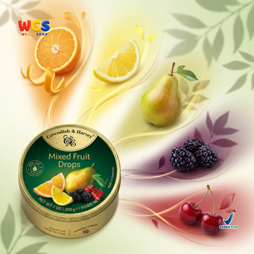 Cavendish & Harvey Mixed Fruit Drops 200g - Permen Keras Aneka Rasa Jeruk Lemon Ceri Pir Blackberry Kaleng Jerman