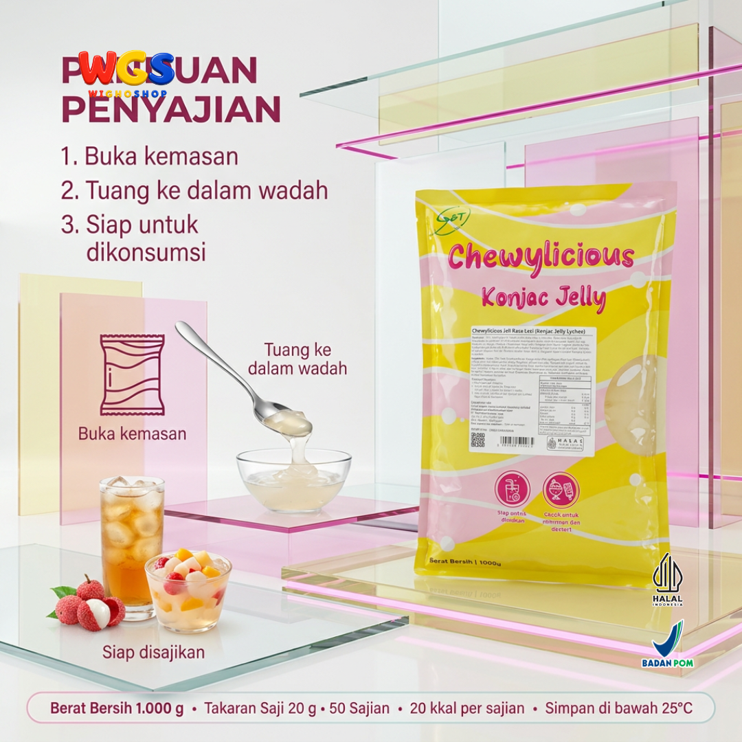 Chewylicious Konjac Jelly Lychee 1kg - Jeli Konnyaku Rasa Leci Siap Makan Topping Minuman Boba Milk Tea Dessert