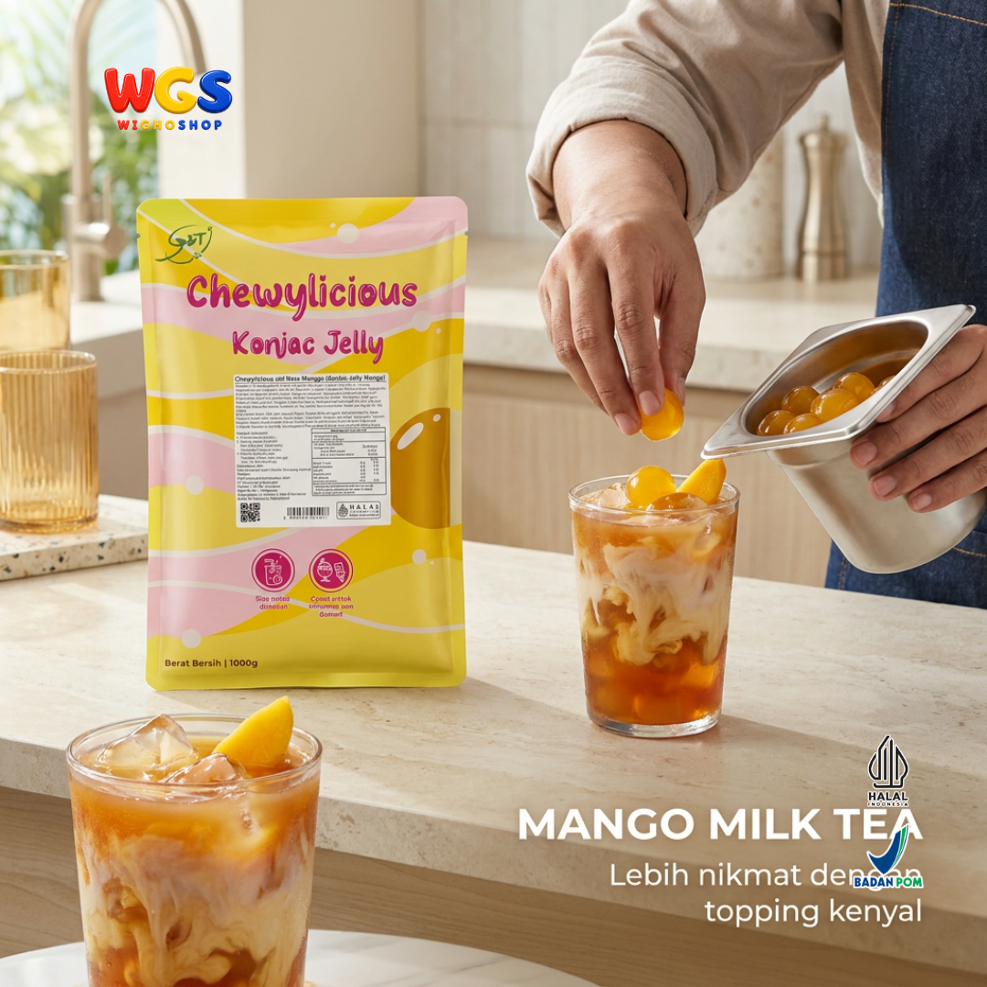 Chewylicious Konjac Jelly Mango 1kg - Jeli Konnyaku Rasa Mangga Siap Makan Topping Boba Fruit Tea Dessert