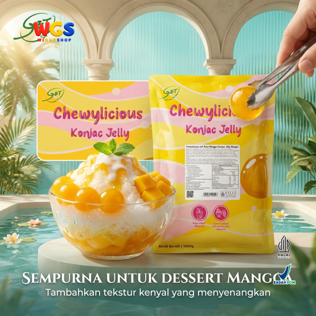 Chewylicious Konjac Jelly Mango 1kg - Jeli Konnyaku Rasa Mangga Siap Makan Topping Boba Fruit Tea Dessert