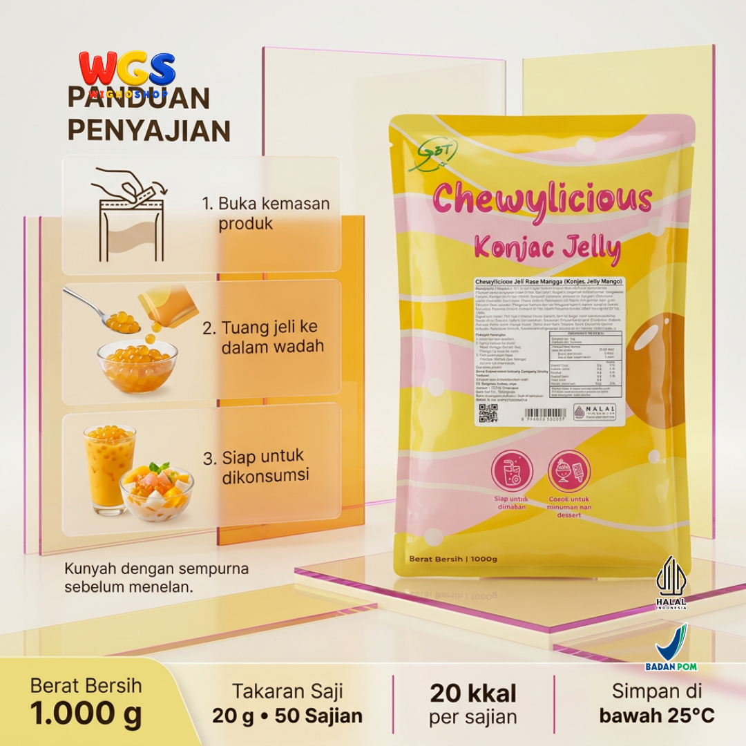 Chewylicious Konjac Jelly Mango 1kg - Jeli Konnyaku Rasa Mangga Siap Makan Topping Boba Fruit Tea Dessert