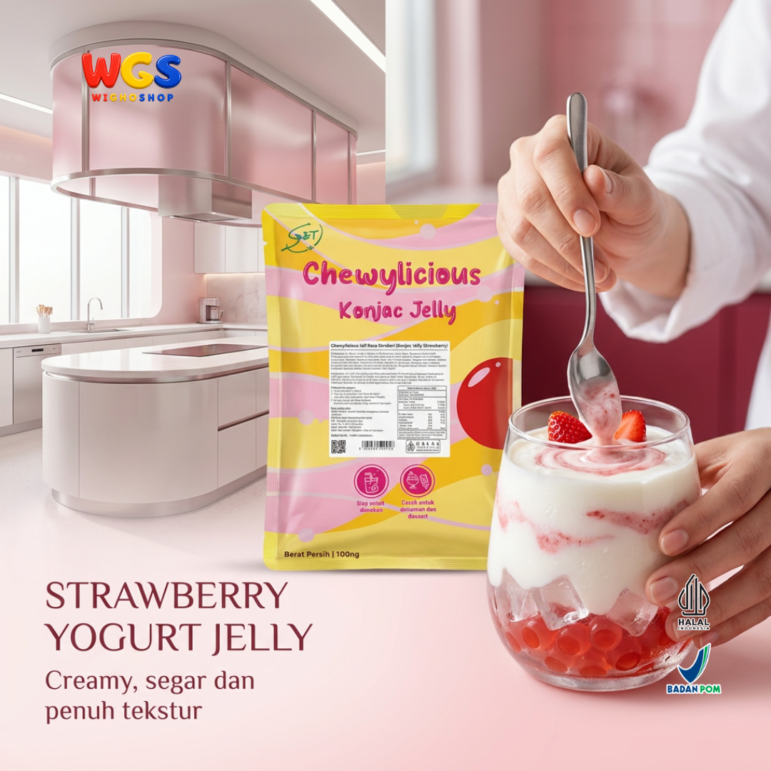 Chewylicious Konjac Jelly Strawberry 1kg - Jeli Konnyaku Rasa Stroberi Siap Makan Topping Boba Milk Tea Dessert