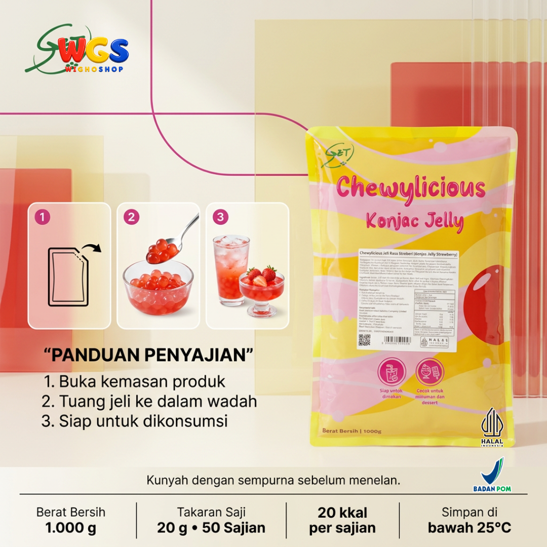 Chewylicious Konjac Jelly Strawberry 1kg - Jeli Konnyaku Rasa Stroberi Siap Makan Topping Boba Milk Tea Dessert