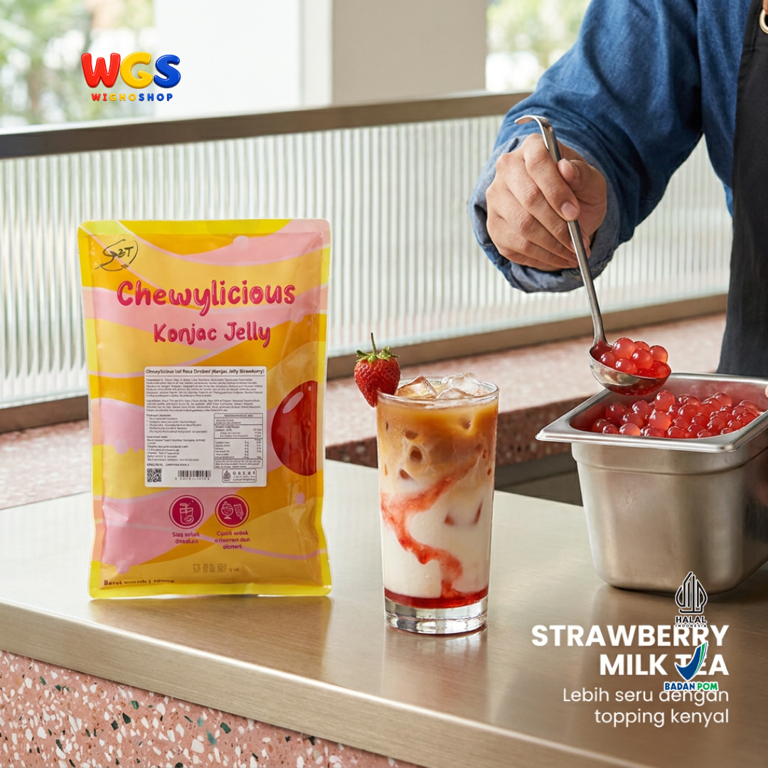 Chewylicious Konjac Jelly Strawberry 1kg - Jeli Konnyaku Rasa Stroberi Siap Makan Topping Boba Milk Tea Dessert