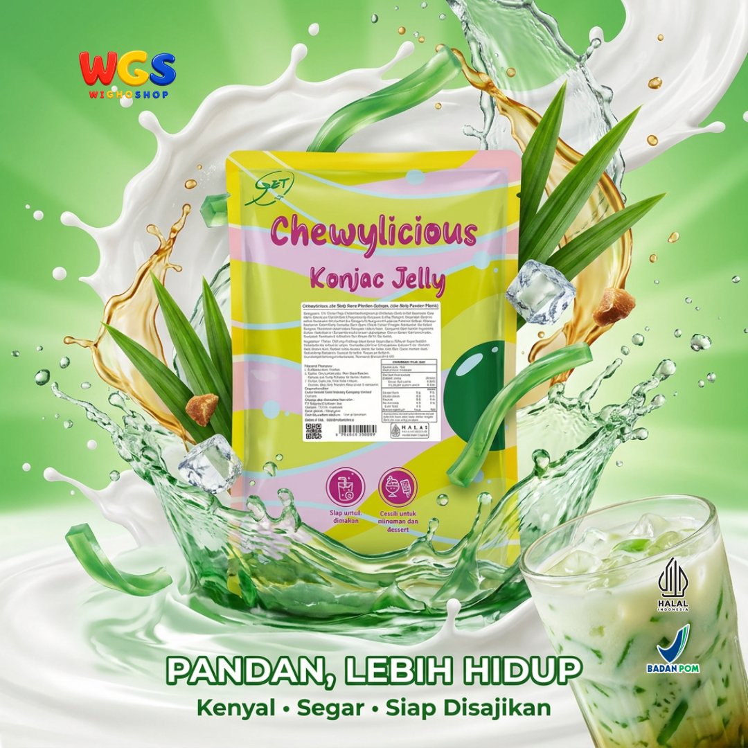 Chewylicious Konjac Jelly Strip Pandan 1kg - Jeli Konnyaku Rasa Pandan Siap Makan Topping Boba Milk Tea Dessert