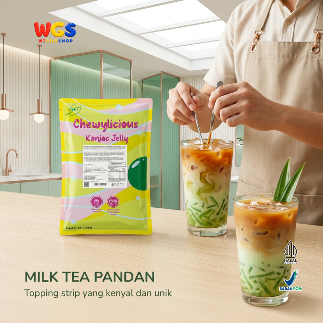 Chewylicious Konjac Jelly Strip Pandan 1kg - Jeli Konnyaku Rasa Pandan Siap Makan Topping Boba Milk Tea Dessert