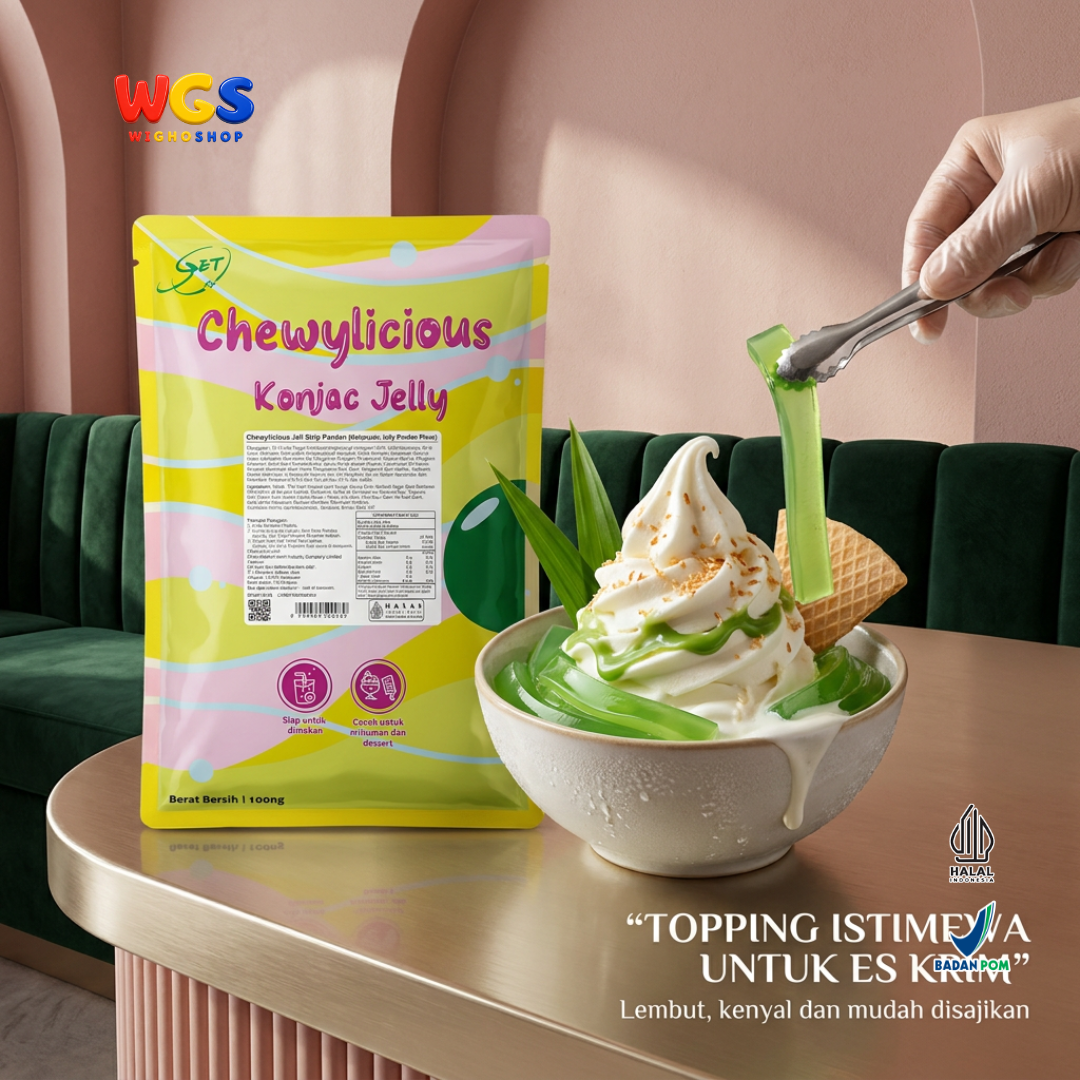 Chewylicious Konjac Jelly Strip Pandan 1kg - Jeli Konnyaku Rasa Pandan Siap Makan Topping Boba Milk Tea Dessert