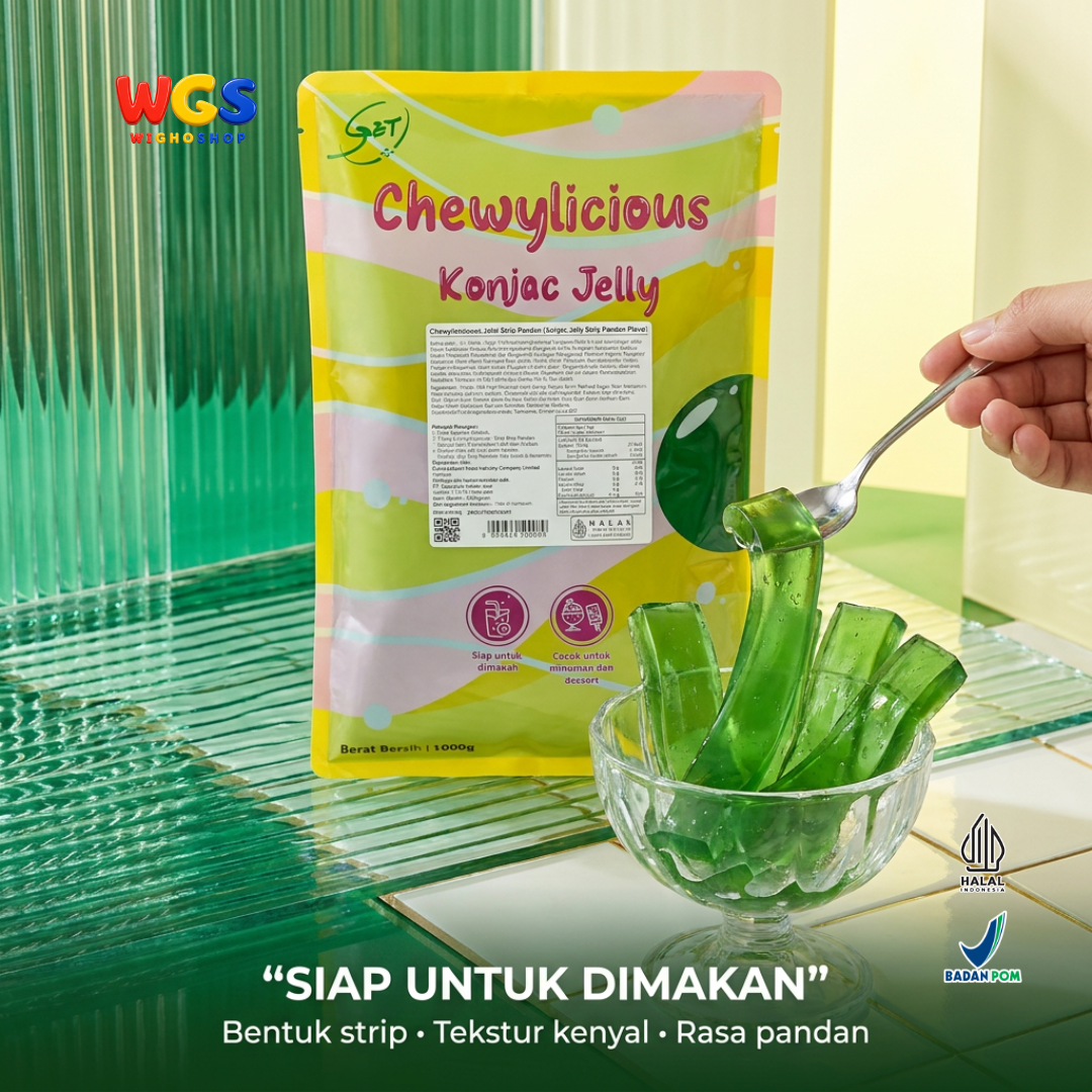 Chewylicious Konjac Jelly Strip Pandan 1kg - Jeli Konnyaku Rasa Pandan Siap Makan Topping Boba Milk Tea Dessert