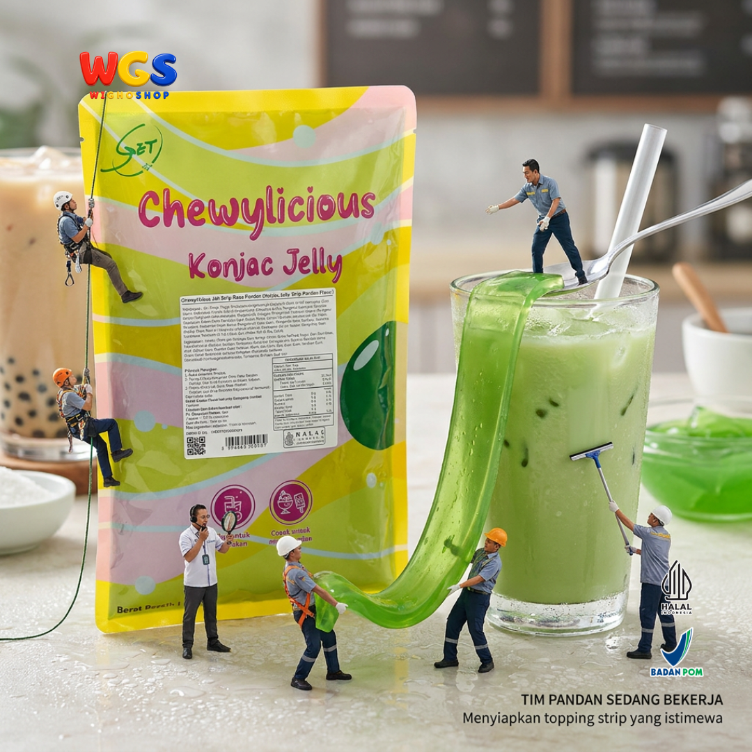 Chewylicious Konjac Jelly Strip Pandan 1kg - Jeli Konnyaku Rasa Pandan Siap Makan Topping Boba Milk Tea Dessert
