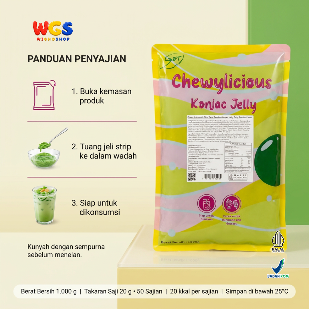 Chewylicious Konjac Jelly Strip Pandan 1kg - Jeli Konnyaku Rasa Pandan Siap Makan Topping Boba Milk Tea Dessert