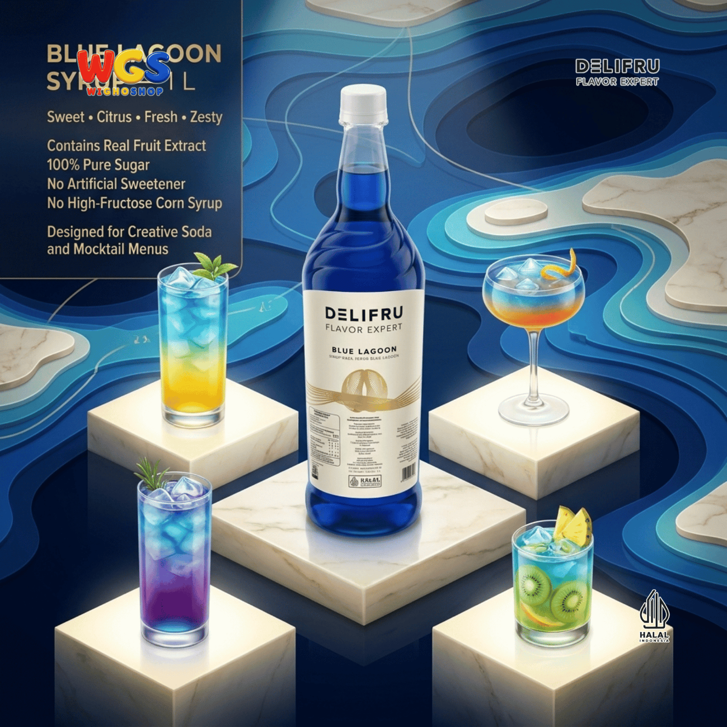 DELIFRU Blue Lagoon Syrup 1 Liter - Sirup Blue Curacao Jeruk Biru untuk Mocktail Soda Minuman Cafe Halal