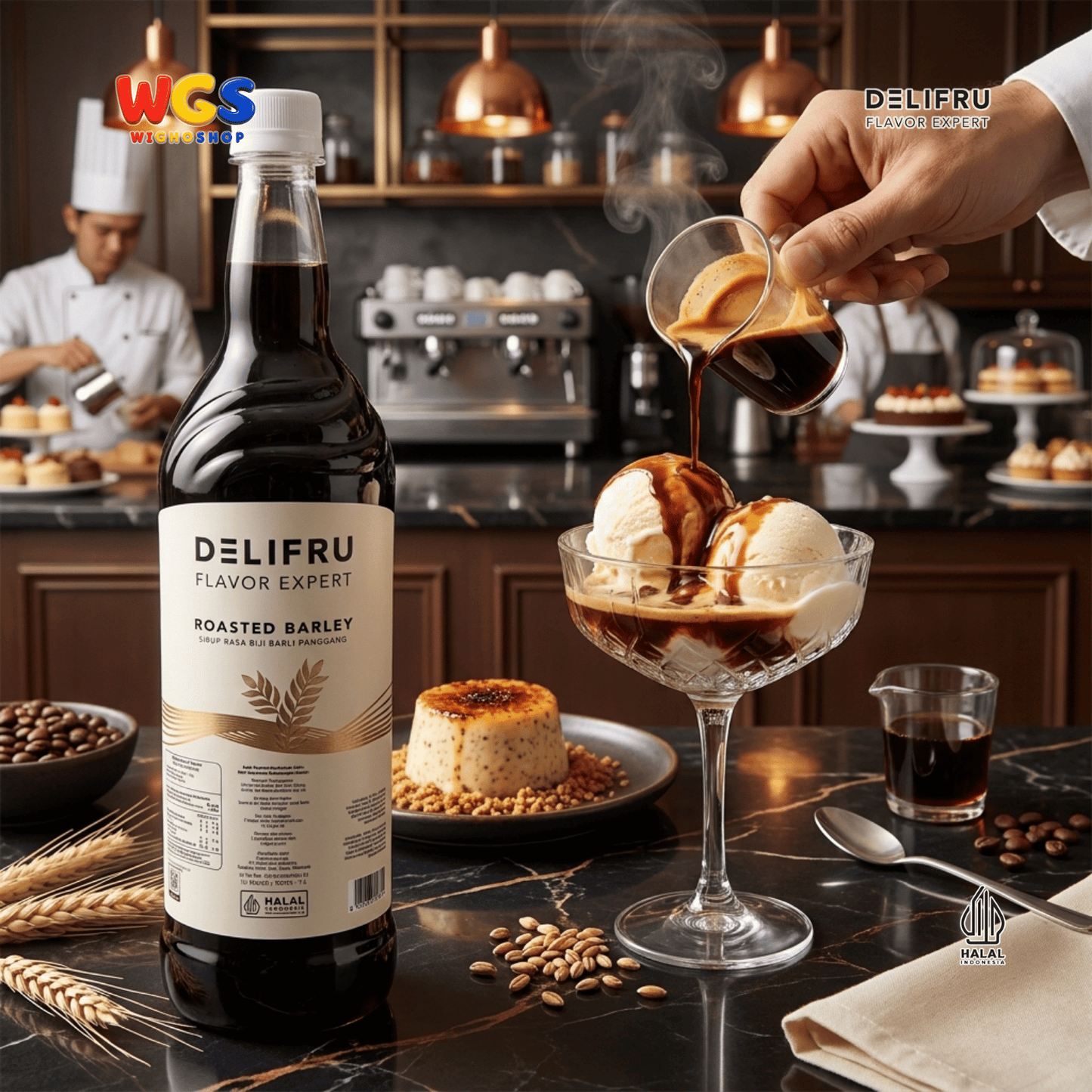 DELIFRU Roasted Barley Syrup 1 Liter - Sirup Barli Jelai Panggang untuk Kopi Susu Boba Latte Ice Blended Minuman Cafe Halal