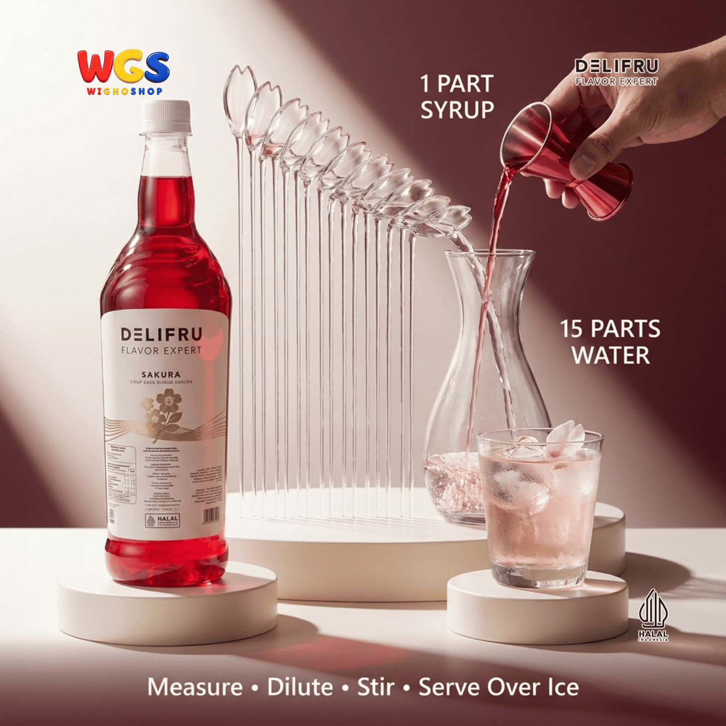 DELIFRU Sakura Syrup 1 Liter - Sirup Bunga Sakura Cherry Blossom untuk Mocktail Soda Iced Tea Latte Halal