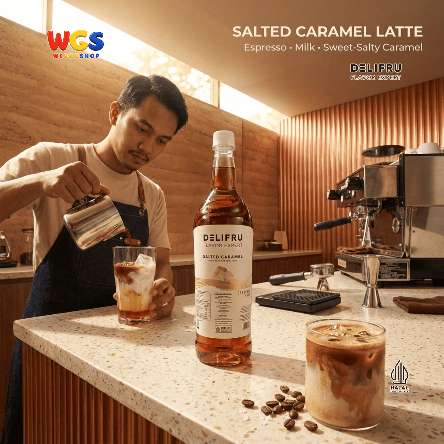 DELIFRU Salted Caramel Syrup 1 Liter - Sirup Karamel Asin untuk Kopi Latte Macchiato Boba Milkshake Dessert Cafe Halal