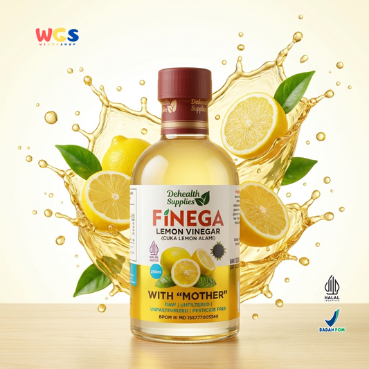 Dehealth Supplies Finega Lemon Vinegar 250ml - Cuka Lemon Alami with Mother Raw Unfiltered Dressing Salad Minuman