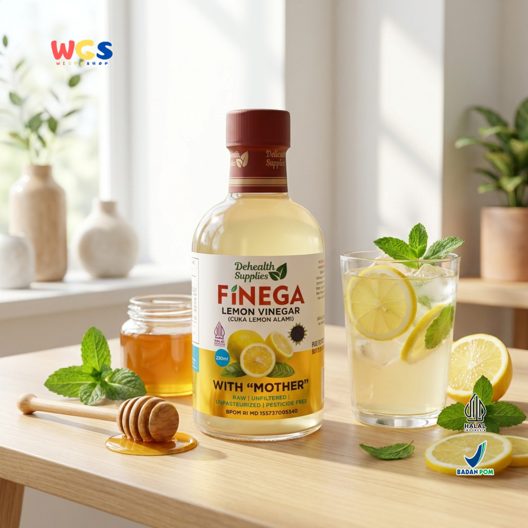 Dehealth Supplies Finega Lemon Vinegar 250ml - Cuka Lemon Alami with Mother Raw Unfiltered Dressing Salad Minuman