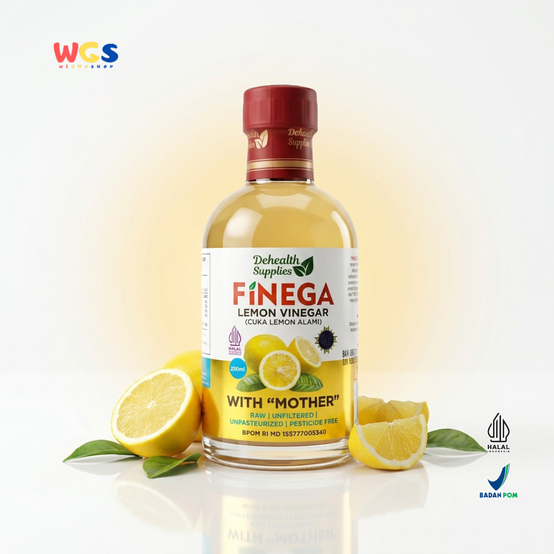 Dehealth Supplies Finega Lemon Vinegar 250ml - Cuka Lemon Alami with Mother Raw Unfiltered Dressing Salad Minuman