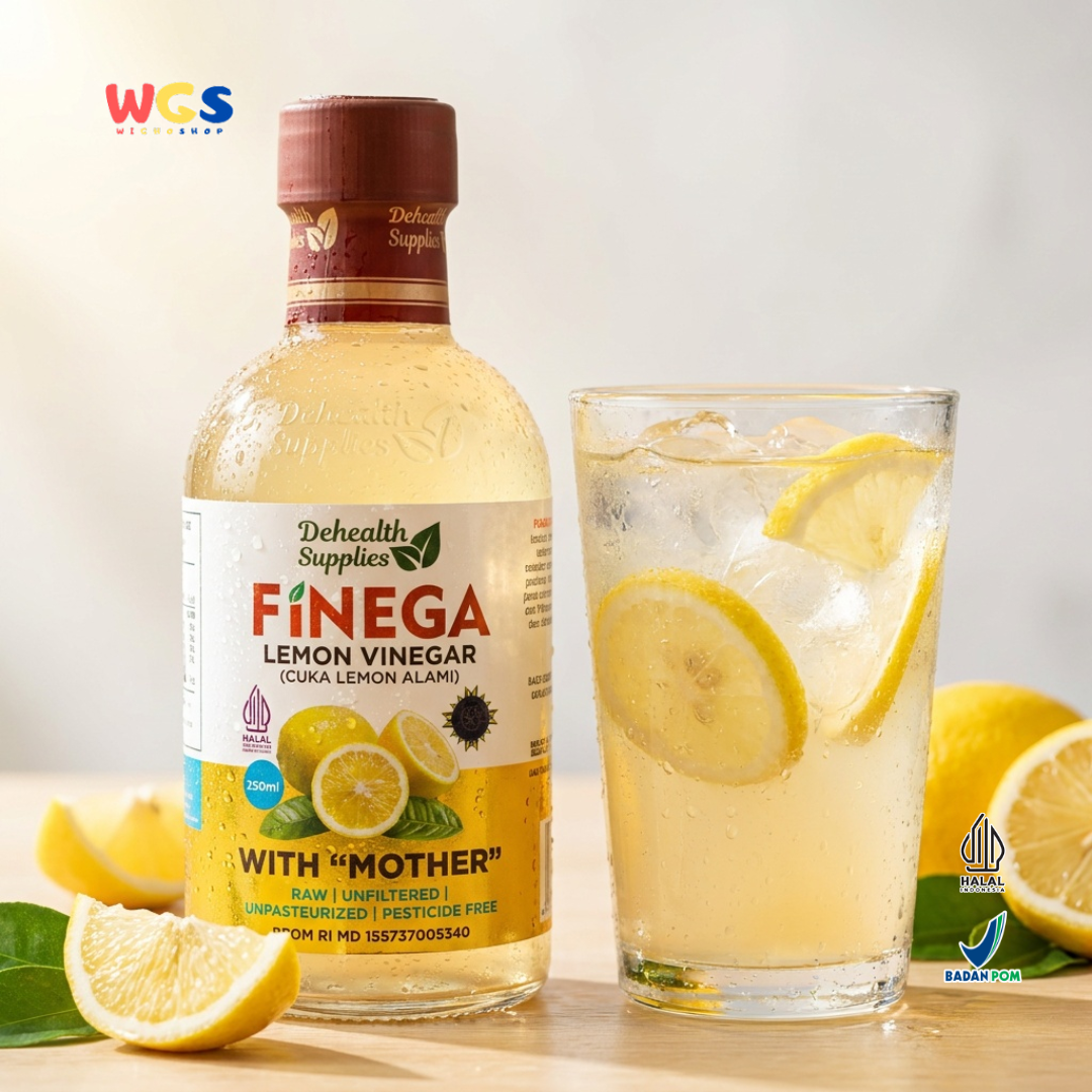 Dehealth Supplies Finega Lemon Vinegar 250ml - Cuka Lemon Alami with Mother Raw Unfiltered Dressing Salad Minuman