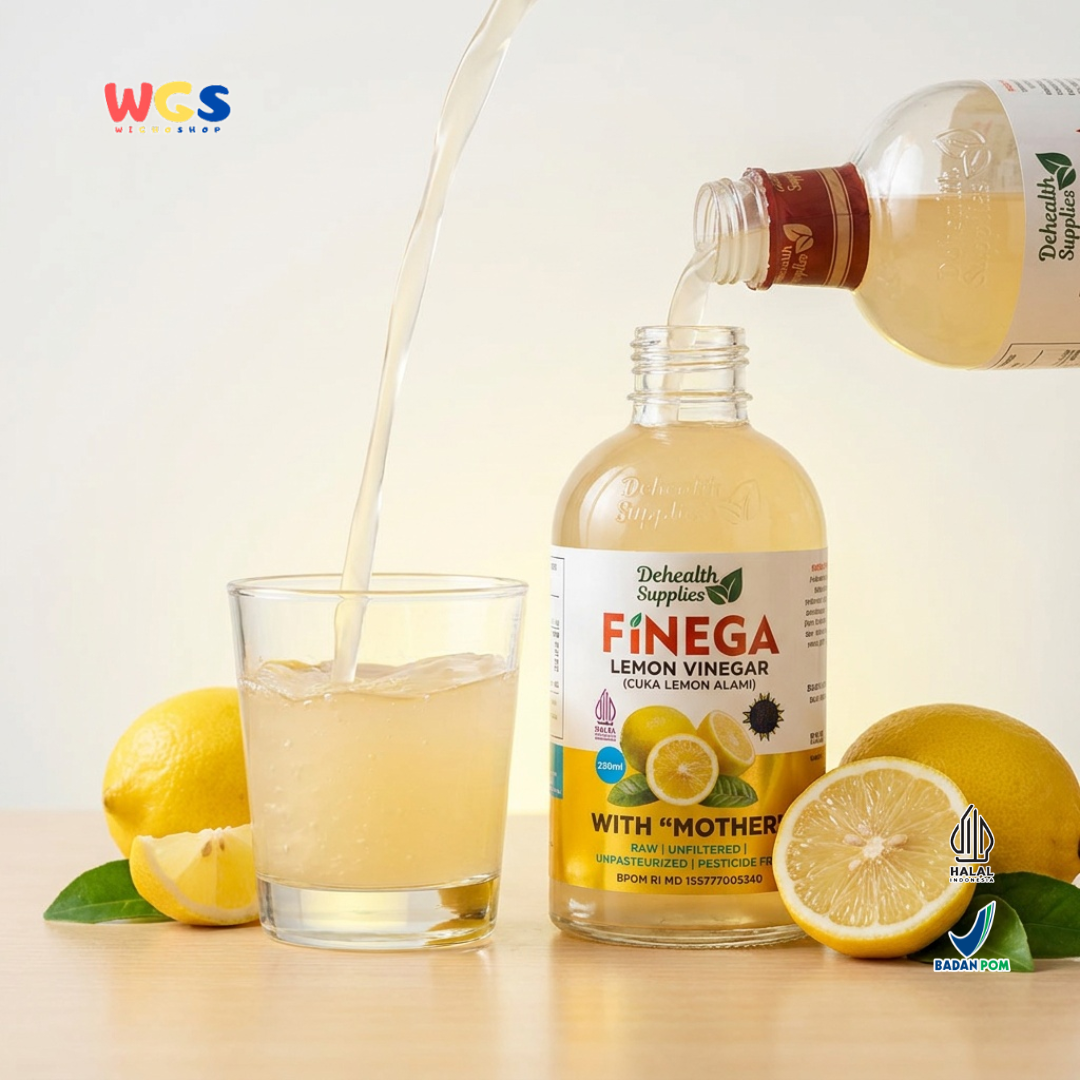 Dehealth Supplies Finega Lemon Vinegar 250ml - Cuka Lemon Alami with Mother Raw Unfiltered Dressing Salad Minuman