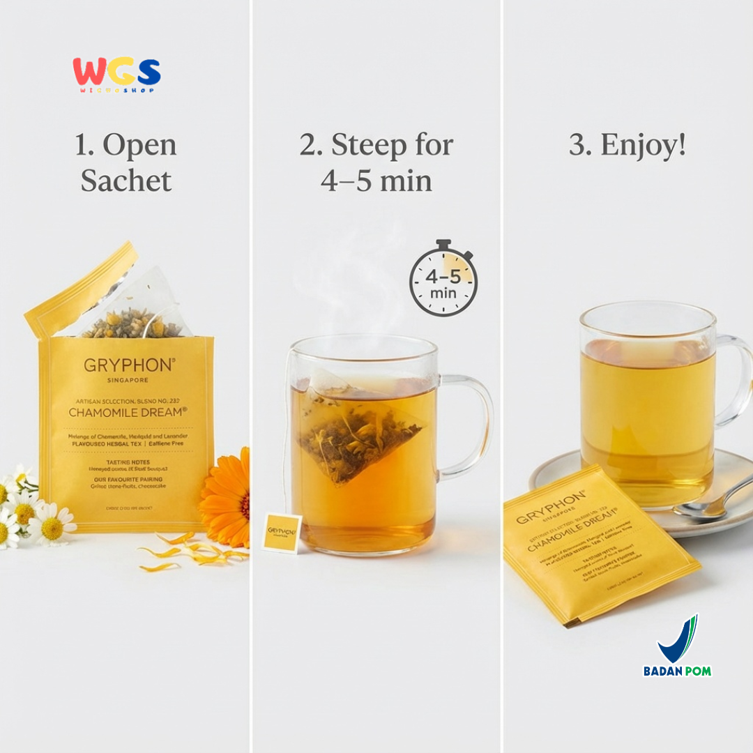 Gryphon Chamomile Dream Artisan Herbal Tea 2,5g (1 Sachet) – Teh Herbal Chamomile Caffeine Free
