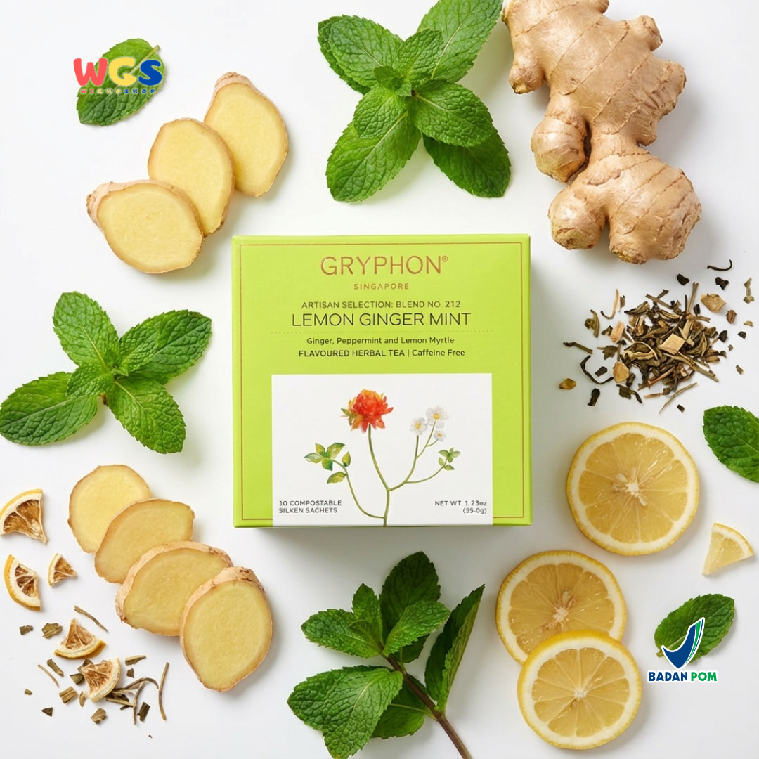 Gryphon Lemon Ginger Mint Artisan Herbal Tea 35g (10 Sachet) – Teh Herbal Jahe Lemon Mint Non Kafein