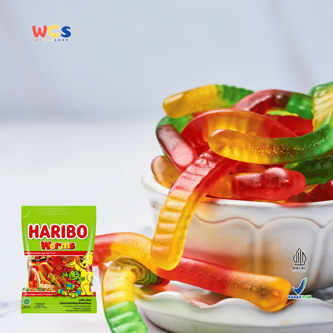 HARIBO Worms Gummy Candy 80g – Permen Jelly Bentuk Spiral Warna-warni Rasa Buah