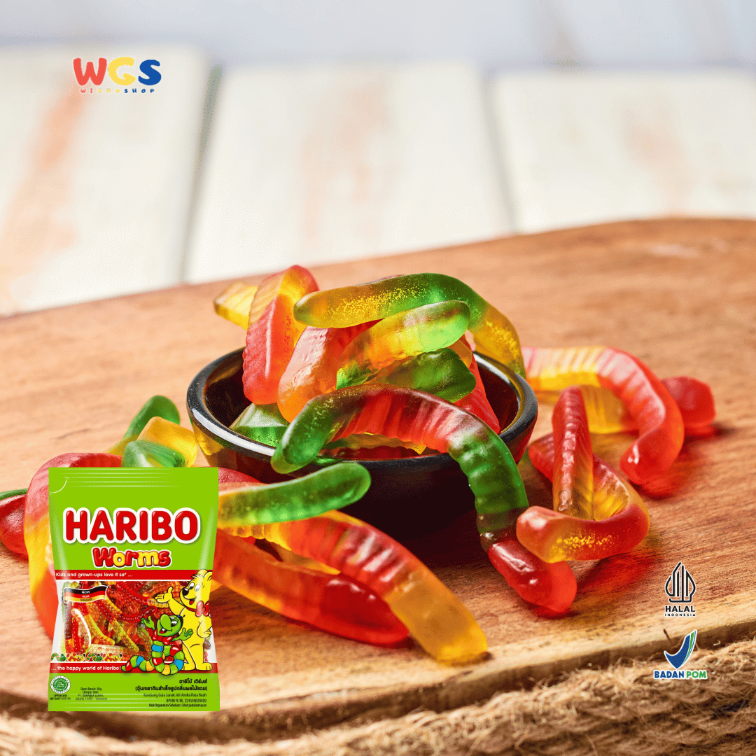 HARIBO Worms Gummy Candy 80g – Permen Jelly Bentuk Spiral Warna-warni Rasa Buah