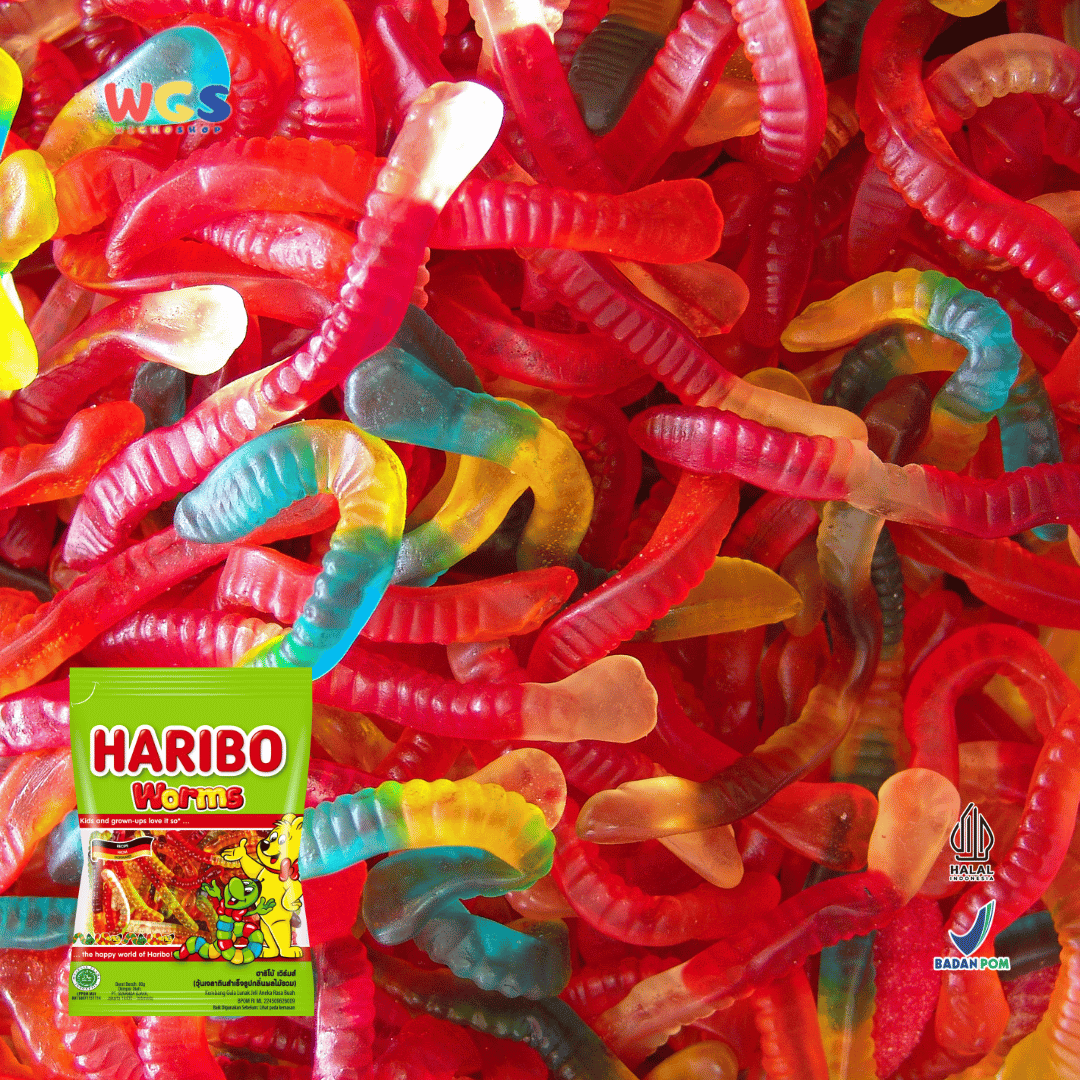 HARIBO Worms Gummy Candy 80g – Permen Jelly Bentuk Spiral Warna-warni Rasa Buah