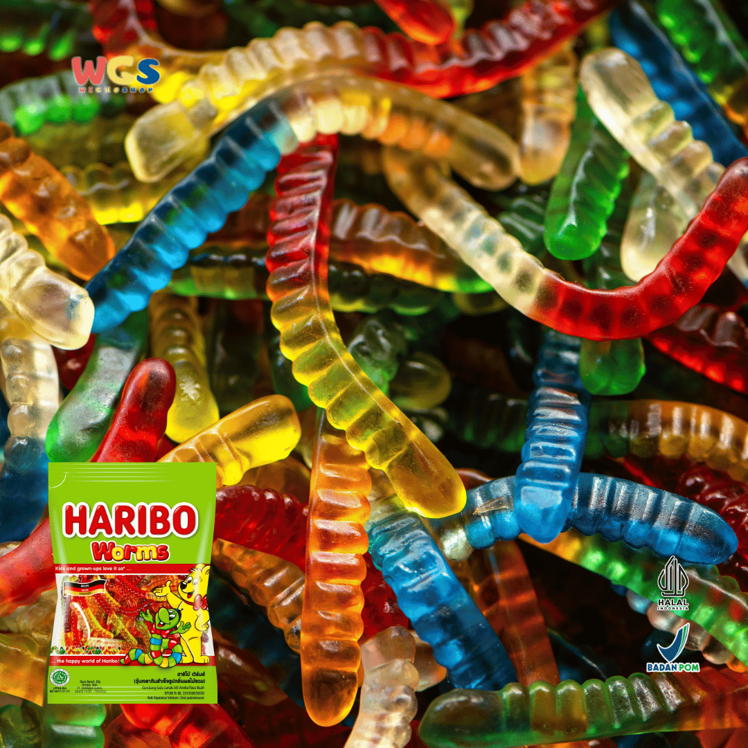 HARIBO Worms Gummy Candy 80g – Permen Jelly Bentuk Spiral Warna-warni Rasa Buah
