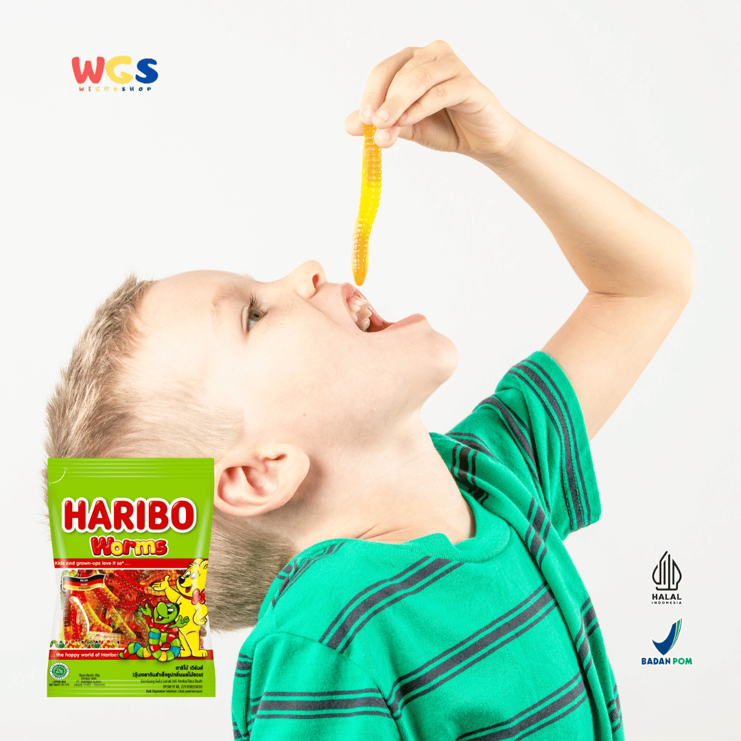 HARIBO Worms Gummy Candy 80g – Permen Jelly Bentuk Spiral Warna-warni Rasa Buah
