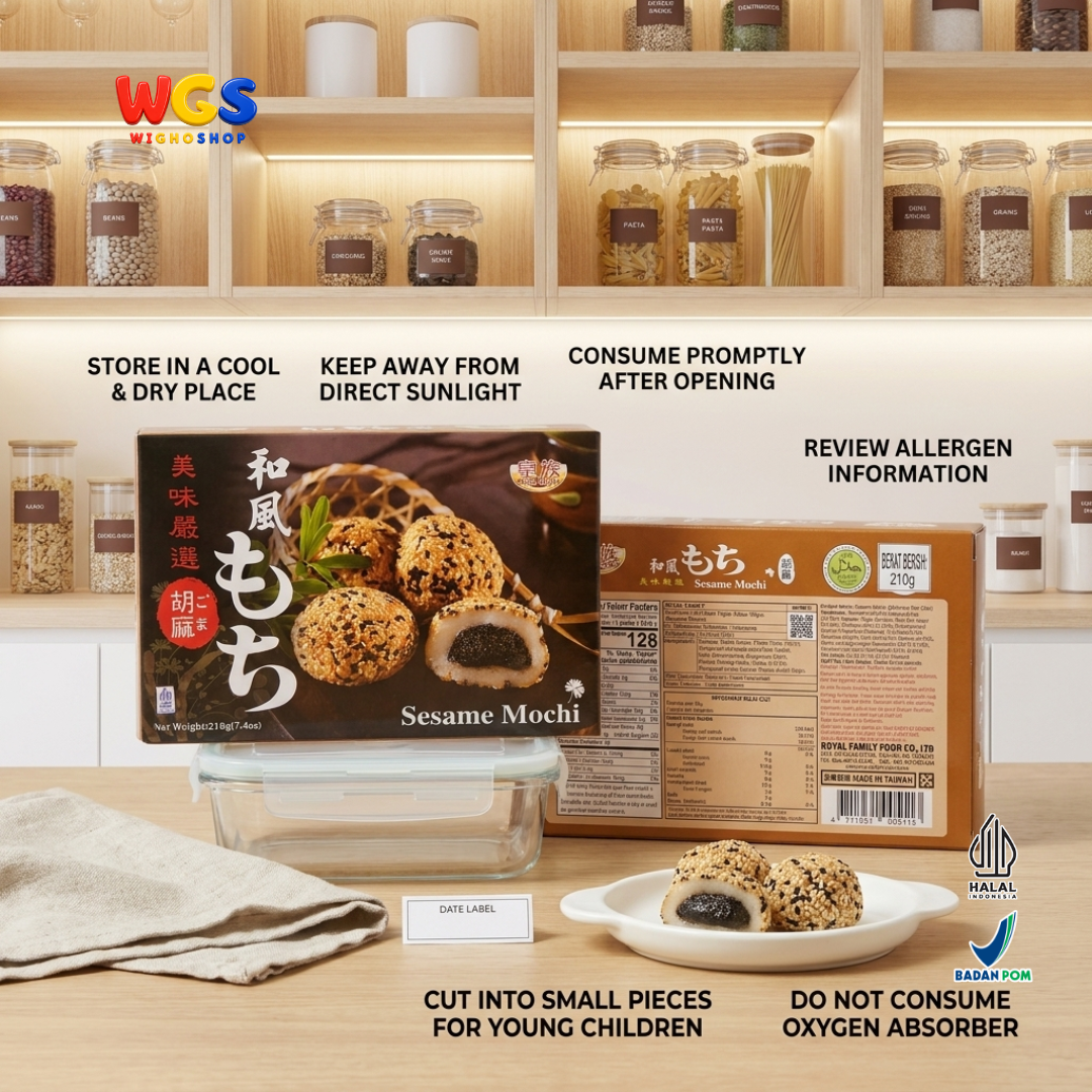 Royal Family Sesame Mochi 210g - Mochi Wijen Isi Pasta Wijen Tabur Wijen 6 Pieces Kue Mochi Taiwan Halal