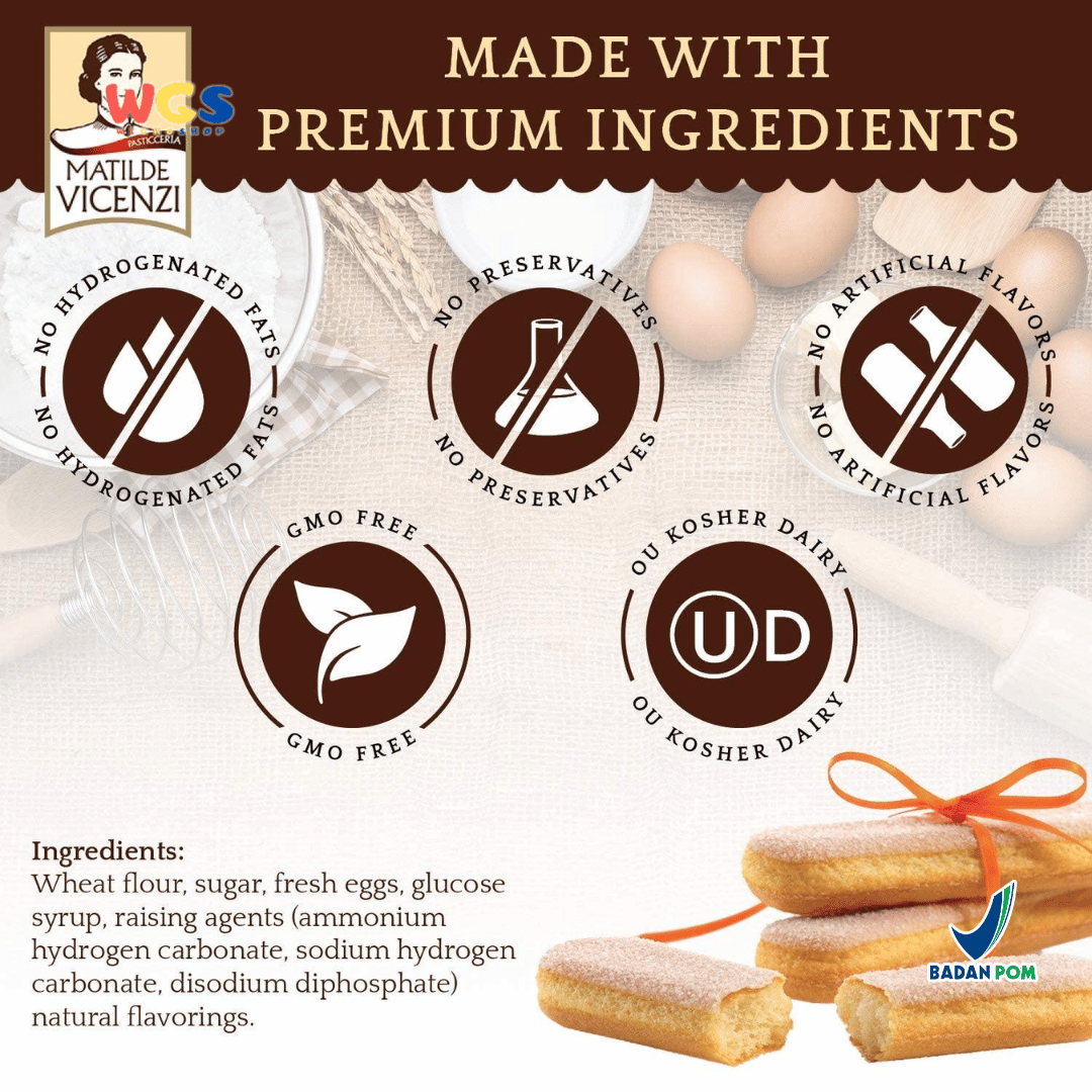 Vicenzovo Ladyfingers Italia 200g – Biskuit Lembut Tradisional untuk Tiramisu & Aneka Dessert