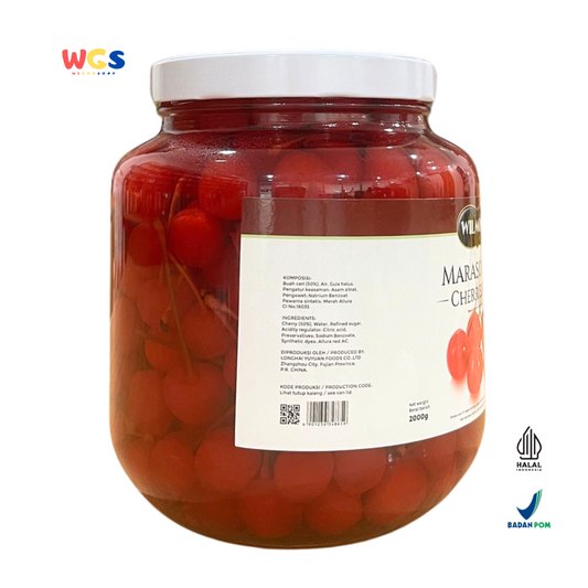 WILMOND Maraschino Cherries with Stem 2kg – Ceri Merah Batang untuk Topping Minuman & Dessert