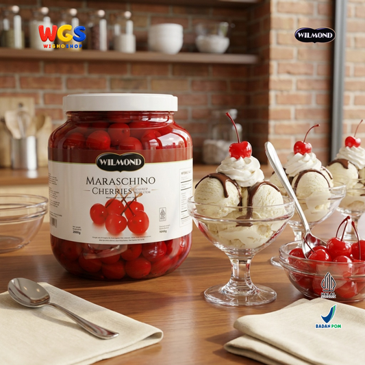 Wilmond Maraschino Cherries with Stem 2kg - Manisan Ceri Merah Bertangkai Isi Kurang Lebih 200 Buah Topping Dessert