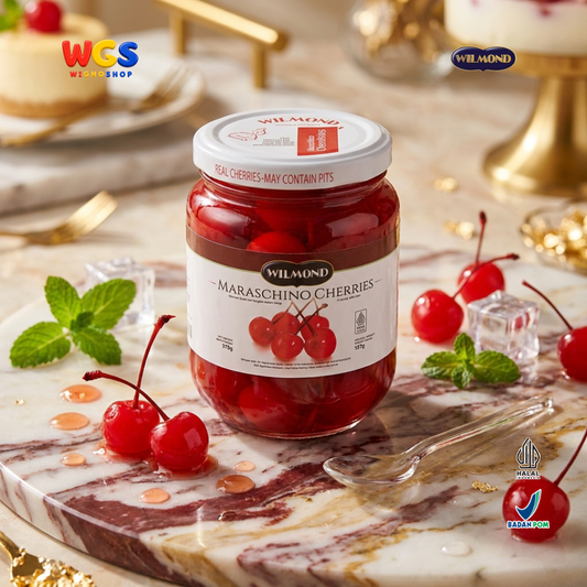 Wilmond Maraschino Cherries with Stem 375g - Manisan Ceri Merah Bertangkai Isi Kurang Lebih 45 Buah Topping Dessert