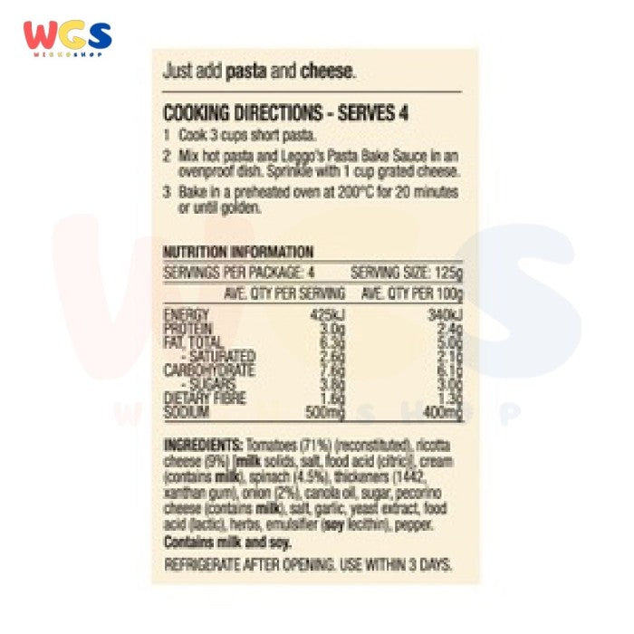 Leggo's Pasta Bake With Tomato, Ricotta & Spinach Creamy Sauce 500g